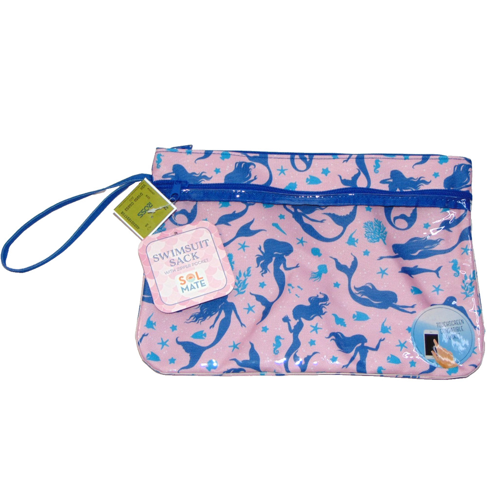 Sol Mate Swimsuit Sack Wet Dry Bag Mermaid Print Touchscreen Zip Pouch Pink NWT